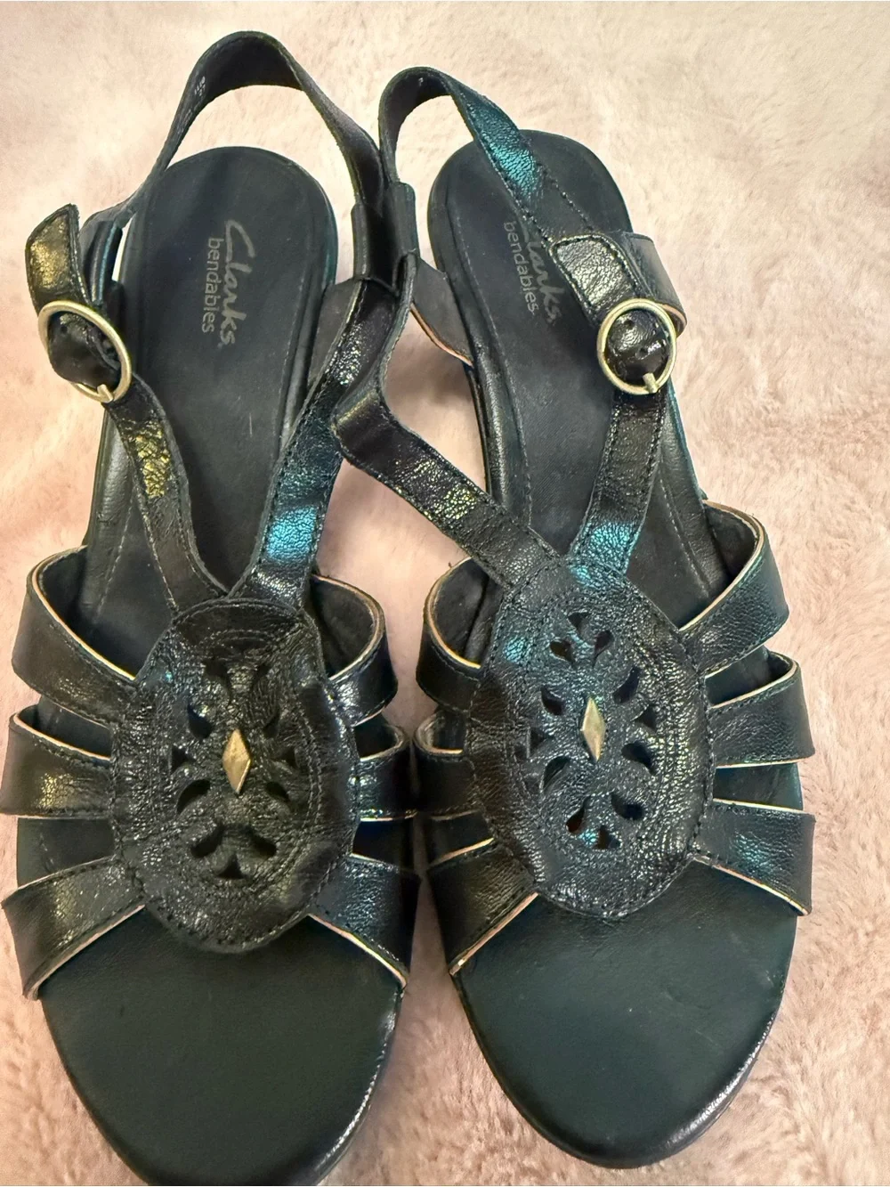 Clarks Black Leather Cutout Slingback Sandals with Gold Buckle